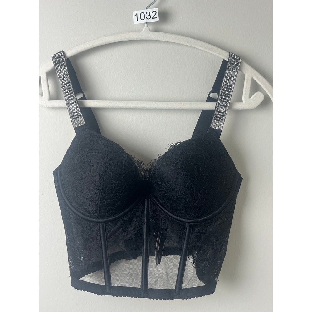 2/$30 Victoria's Secret Black Lace Rhinestone Strap Push-Up Corset Bra Top 32C